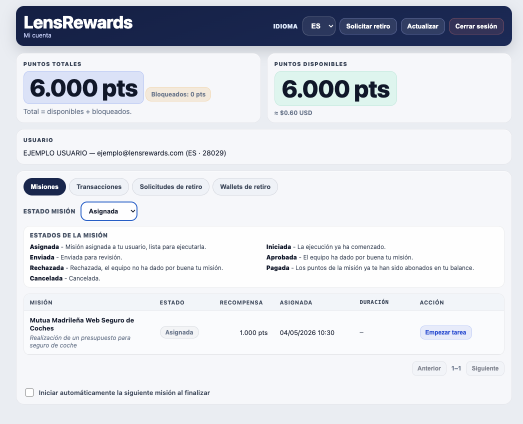 Panel de usuario LensRewards con puntos y misiones
